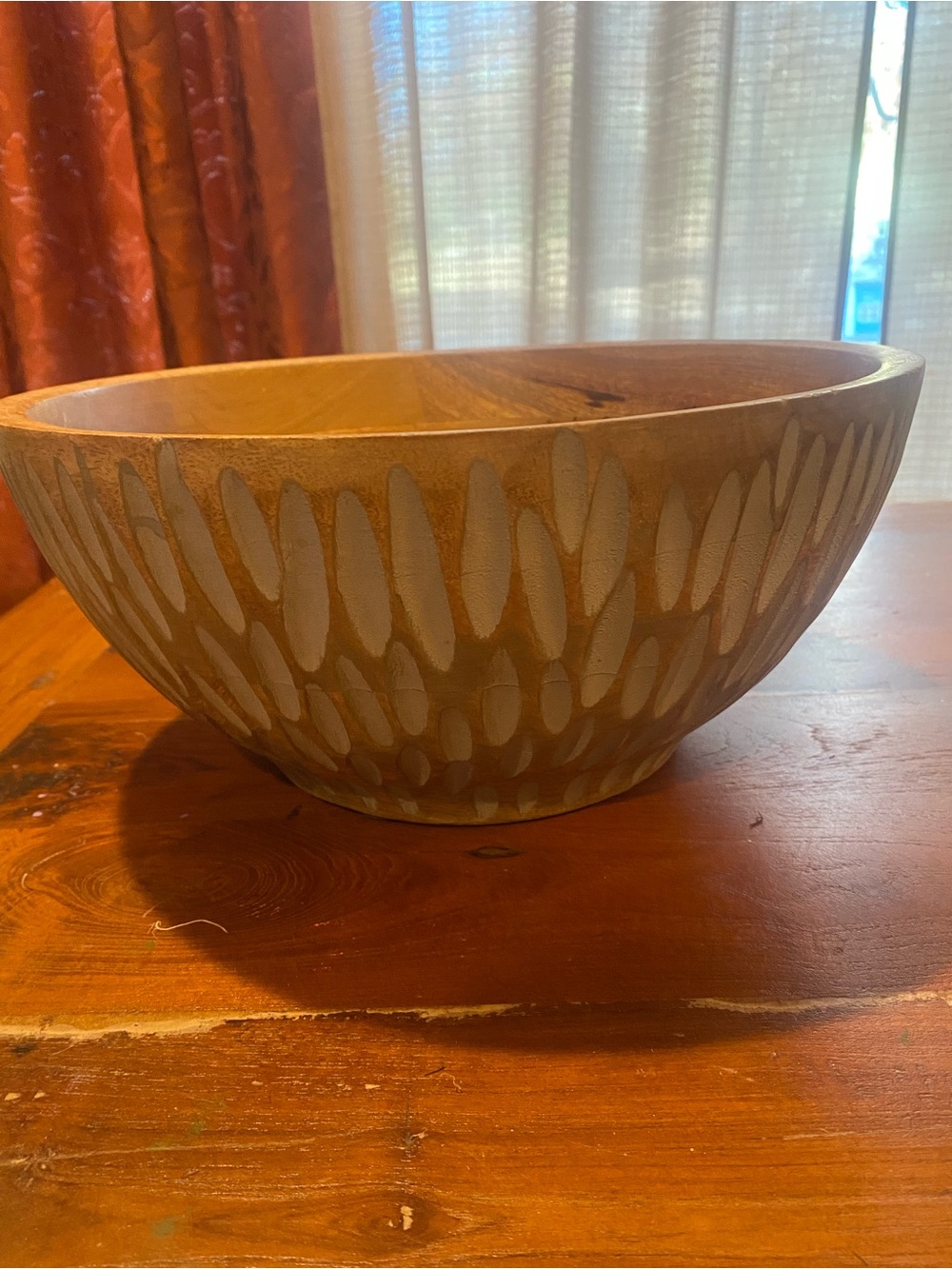 Hand-Finished Carved Wood Decorative Bowl in Natural Brown and Cream